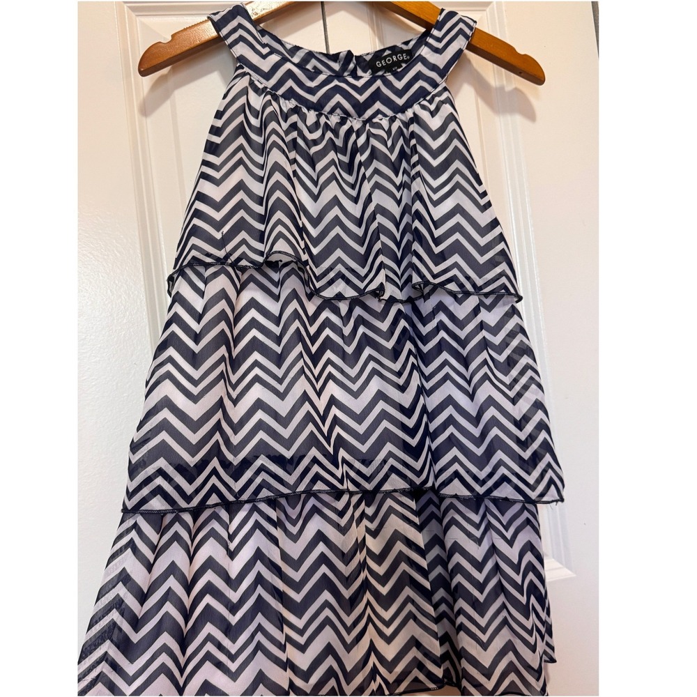 George Girls Navy Blue White Chevron Tiered Ruffle Dress Size L 10-12
